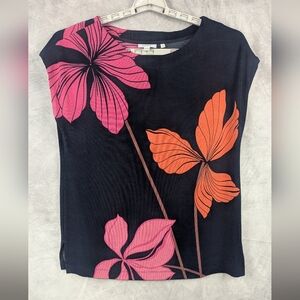 Chico's Size 2 (Large) Capped Sleeve Liquid Knit Floral Blouse In Navy/Pink